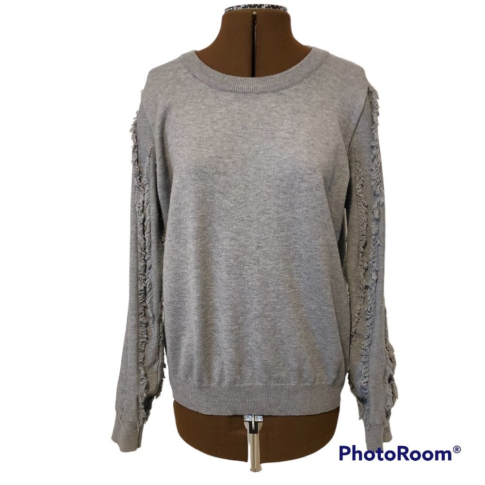 Grey Pullover Sweater with Fringe Trimmed Sleeves